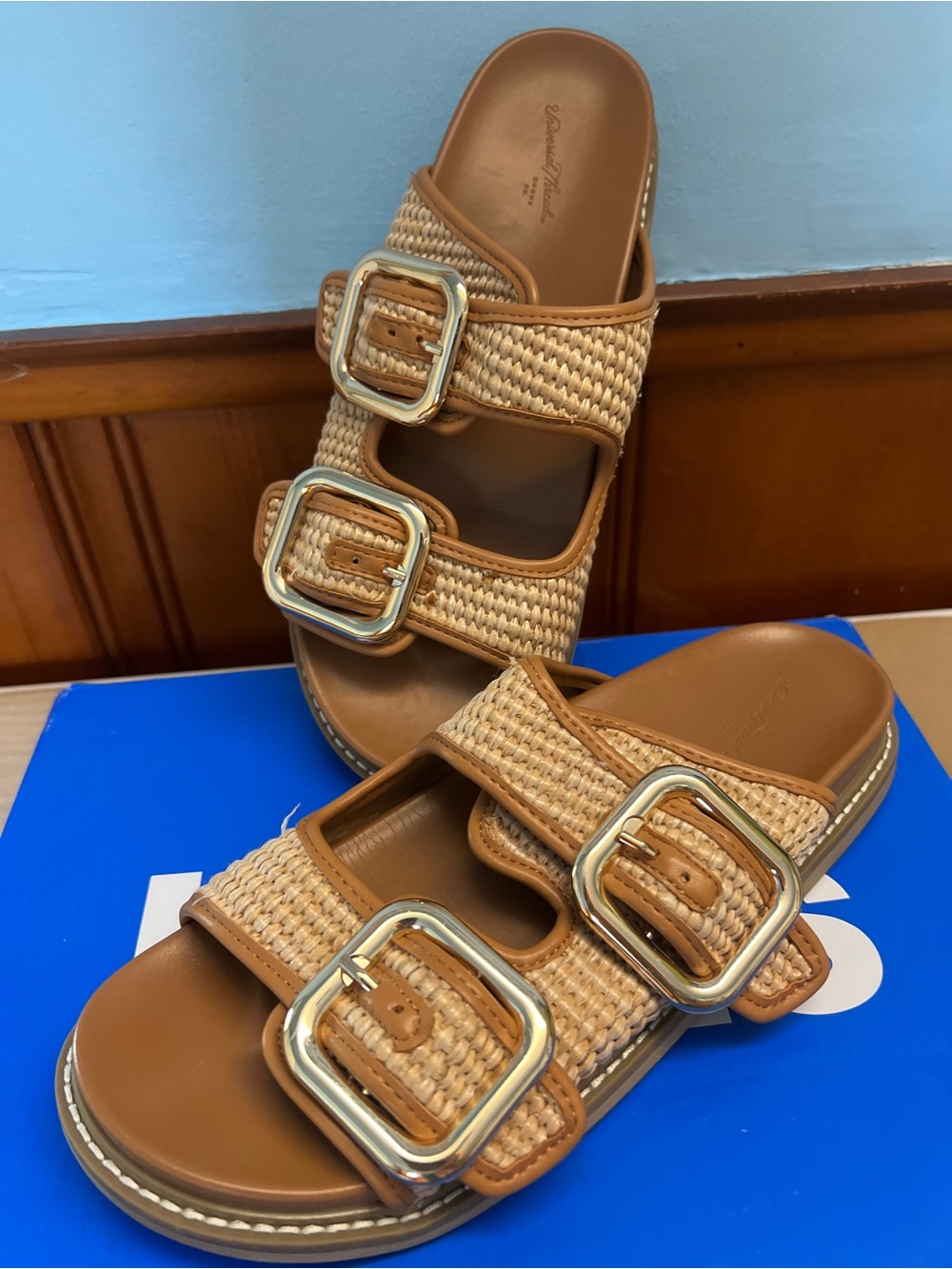 Woven Double Buckle Slide Sandals Tan Like New